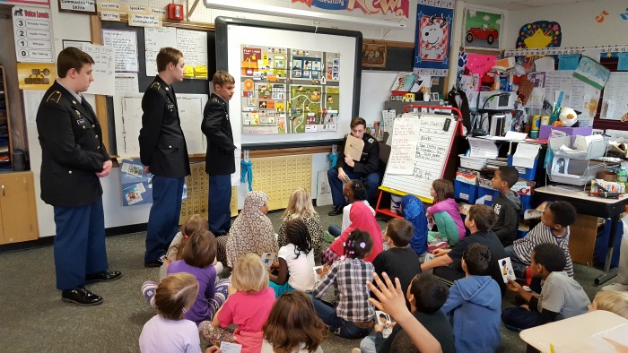 Members of the JROTC Raider Brigade visit elementary students.